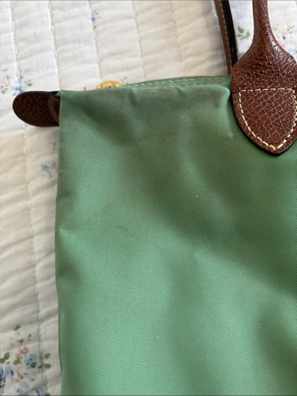 Longchamp Le Pliage Medium Green Nylon Tote with Brown Leather Trim - Picture 5 of 7